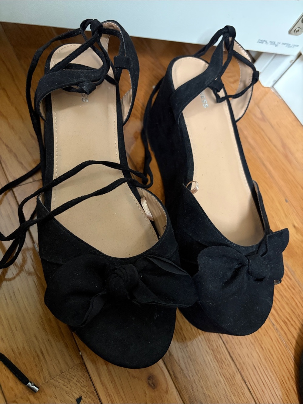 Express Black Suede Lace-Up Wedge Sandals with Bow